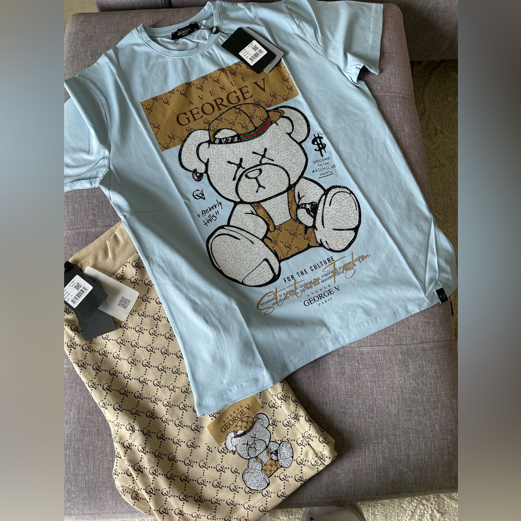 Avenue George V Paris Men’s Short Set Blue 2 Piece Set Teddy Bear Rhinestone